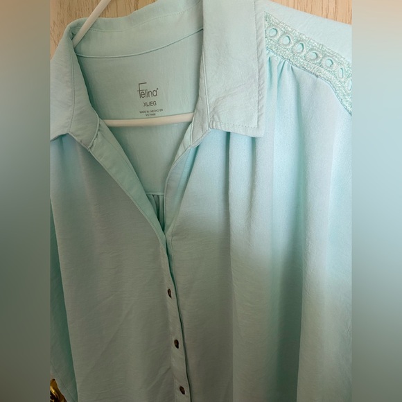 Felina XL Button Front Top Collared Short Sleeve Lace Detail Shirt AQUA - Picture 8 of 10